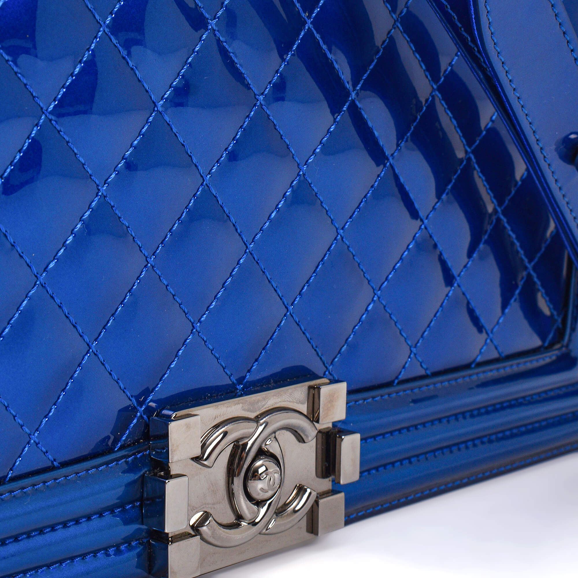 Chanel - Metallic Blue Quilted Patent Leather Medium Boy Bag